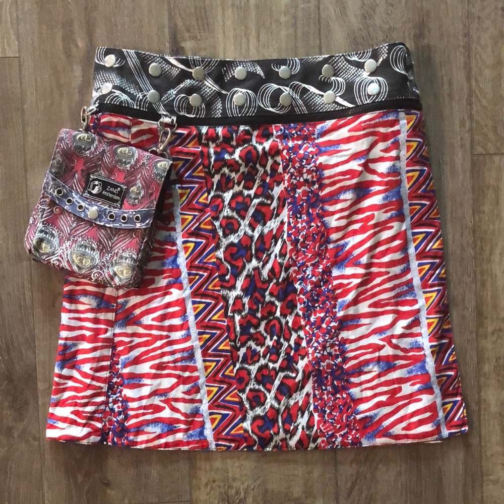 ZAND AMSTERDAM - REVERSIBLE MultiColored Patterned Wrap Skirt w/Detachable Bag
